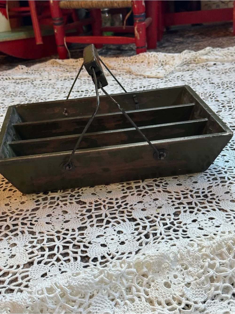 Vintage Primitive Wooden Divided Tool Caddy | Green Farmhouse Carrier